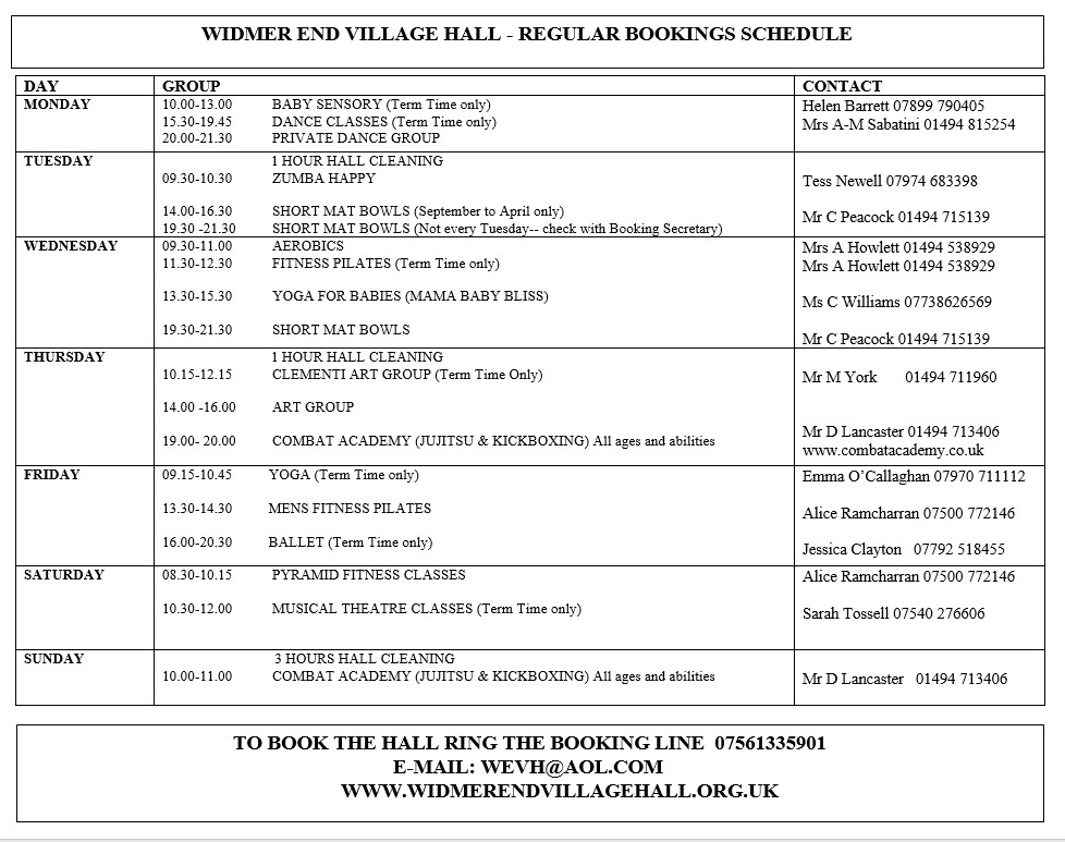 Widmer End Village Hall Regular Bookings Schedule